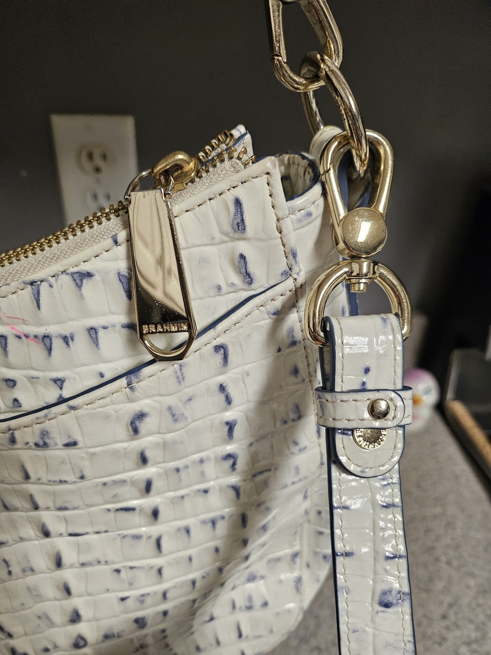 Brahmin White Croc-Embossed Shoulder Bag with Navy Accents - Picture 12 of 16